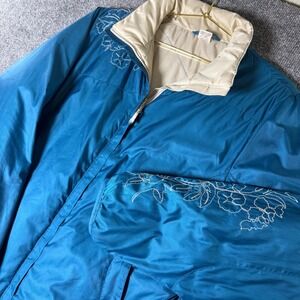 Vintage LL Bean Blue Floral Embroidered Puffer Jacket Women's Medium Coat